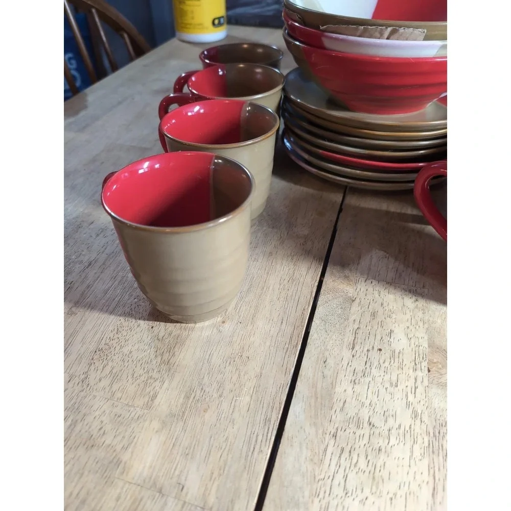 Lot Of 17 Sango‎ Set Dishes Coffee Cups Bowls Plates Gold dust Red 5042 NU